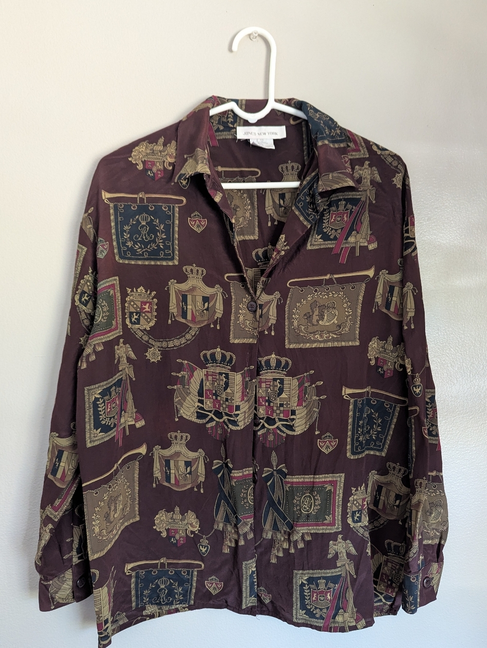 Jones New York Button-Up Silk Shirt in Burgundy with Crest Print